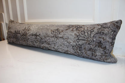 Handmade Kilim Lumbar Pillow Cover, Charcoal Gray Floral Bench Cushion (12x48 inc.)