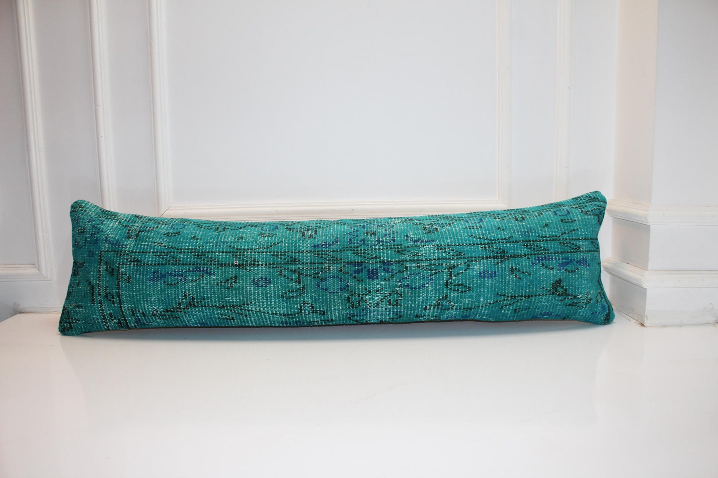 Handwoven Teal Kilim Lumbar Pillow Cover, Boho Bench Cushion 12x48