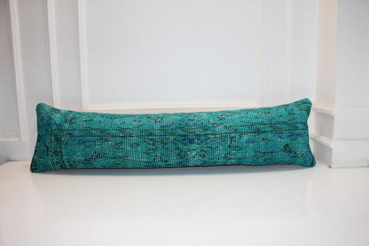 Handwoven Teal Kilim Lumbar Pillow Cover, Boho Bench Cushion 12x48