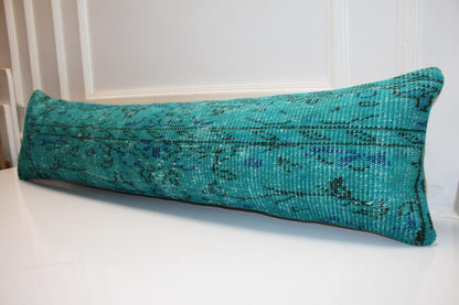 Handwoven Teal Kilim Lumbar Pillow Cover, Boho Bench Cushion 12x48