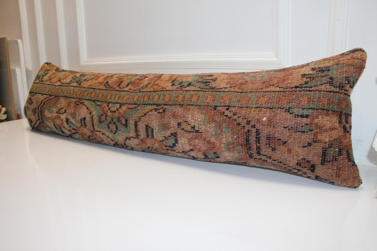 Vintage Turkish Kilim Lumbar Pillow Cover, Earth Tone Boho Bench Cushion 12X48