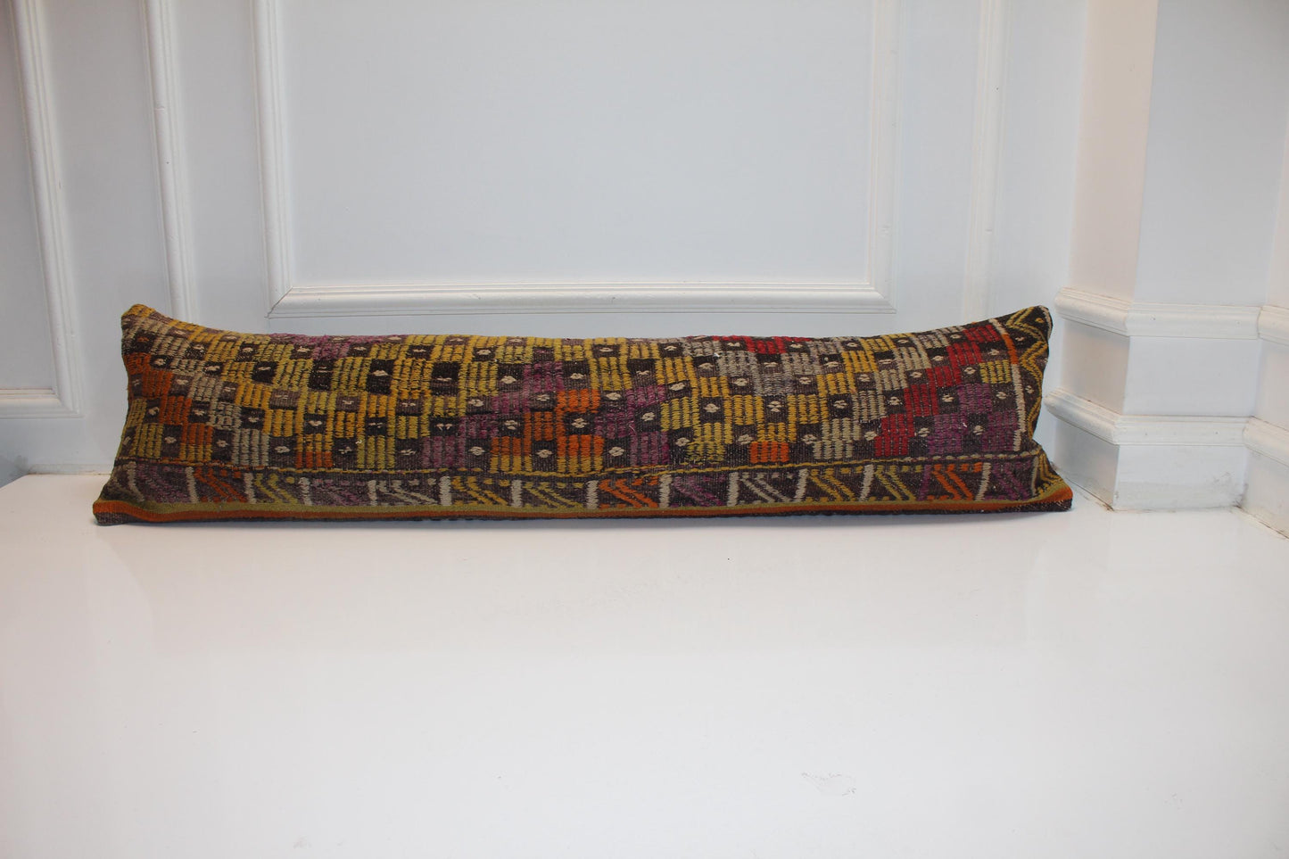 Vintage Turkish Kilim Pillow Cover, Handwoven Wool Lumbar Cushion 12x48