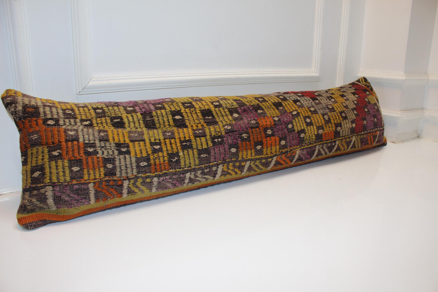 Vintage Turkish Kilim Pillow Cover, Handwoven Wool Lumbar Cushion 12x48