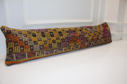 Vintage Turkish Kilim Pillow Cover, Handwoven Wool Lumbar Cushion 12x48