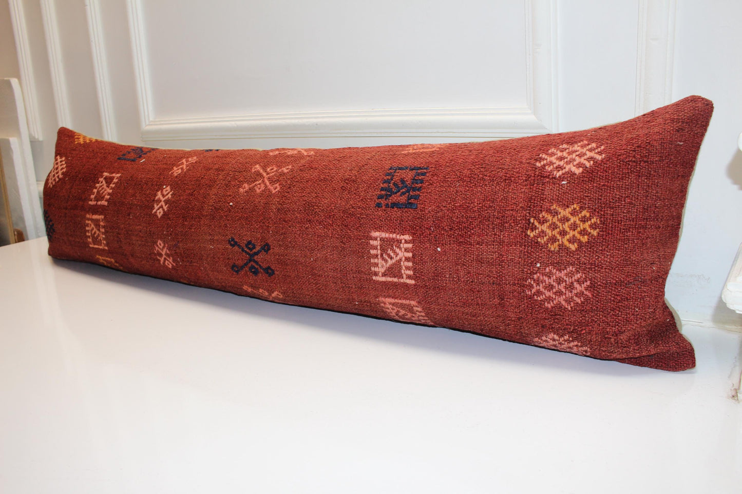 Handwoven Turkish Kilim Lumbar Pillow Cover, Rust Red Tribal Design, 12x48