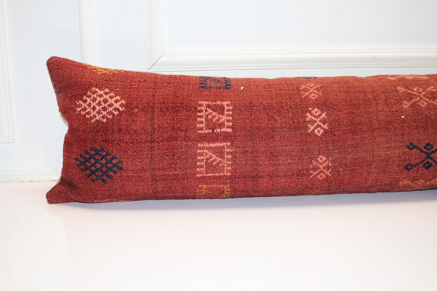 Handwoven Turkish Kilim Lumbar Pillow Cover, Rust Red Tribal Design, 12x48