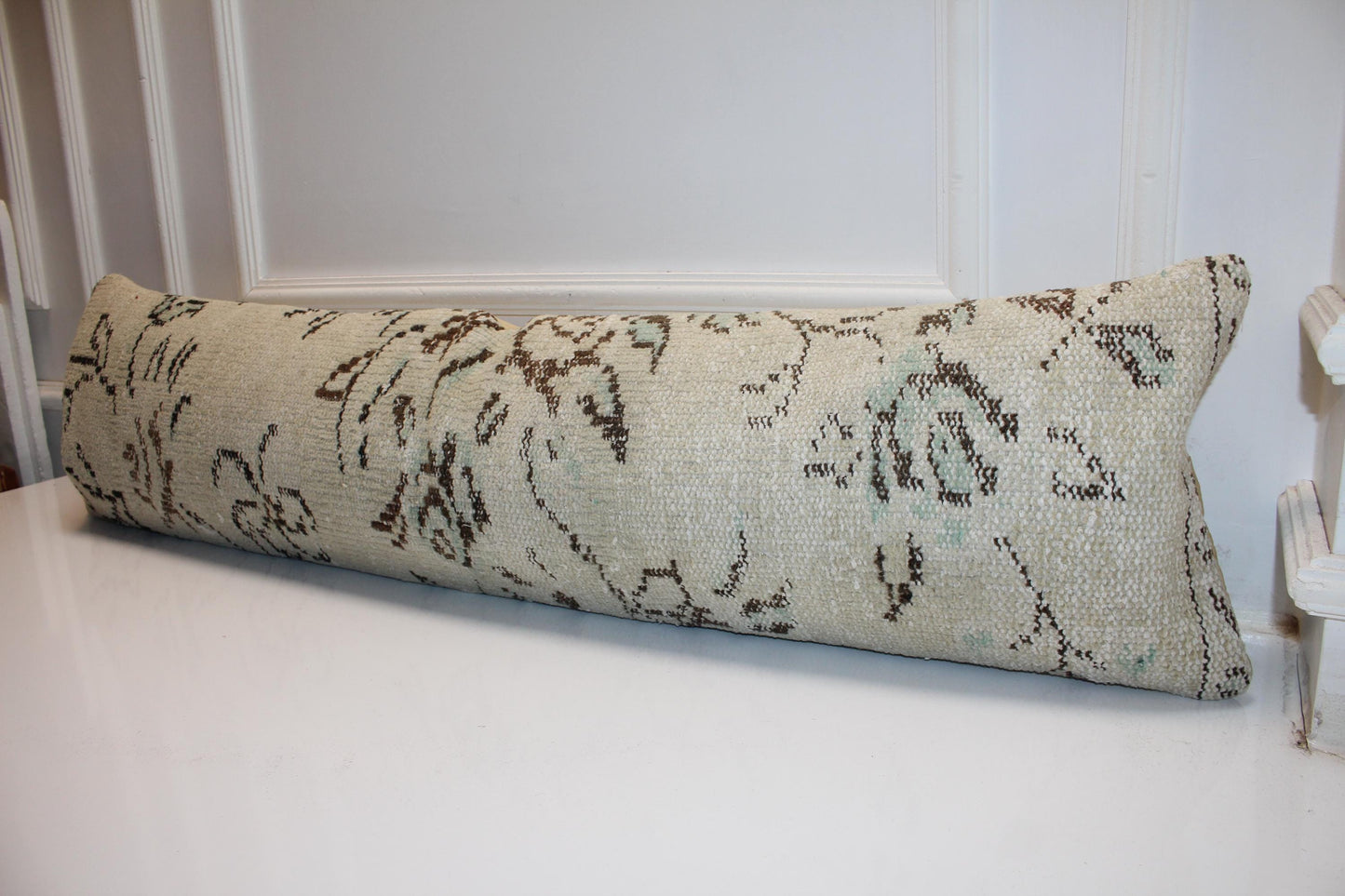 Handwoven Turkish Kilim Lumbar Pillow Cover, Beige Anatolian Bench Cushion (12X48 )