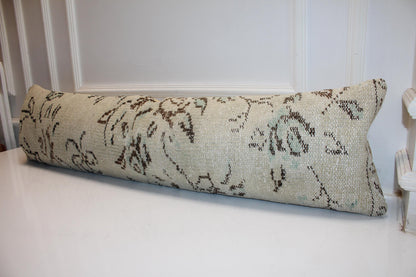Handwoven Turkish Kilim Lumbar Pillow Cover, Beige Anatolian Bench Cushion (12X48 )