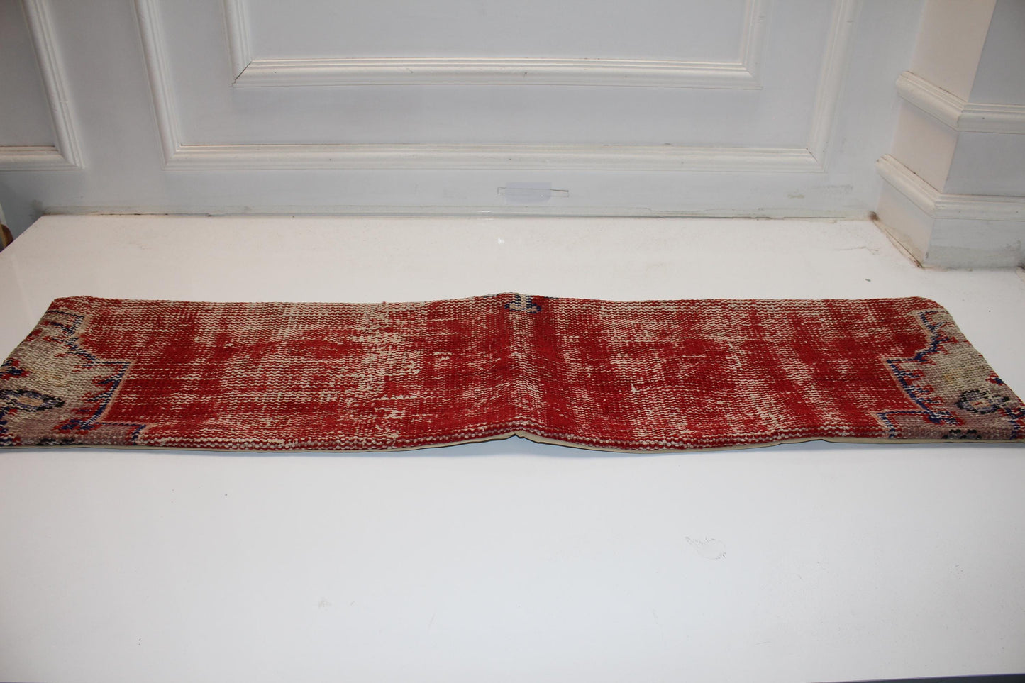 Vintage Red Turkish Kilim Lumbar Pillow, Boho Bench Cushion 12x48