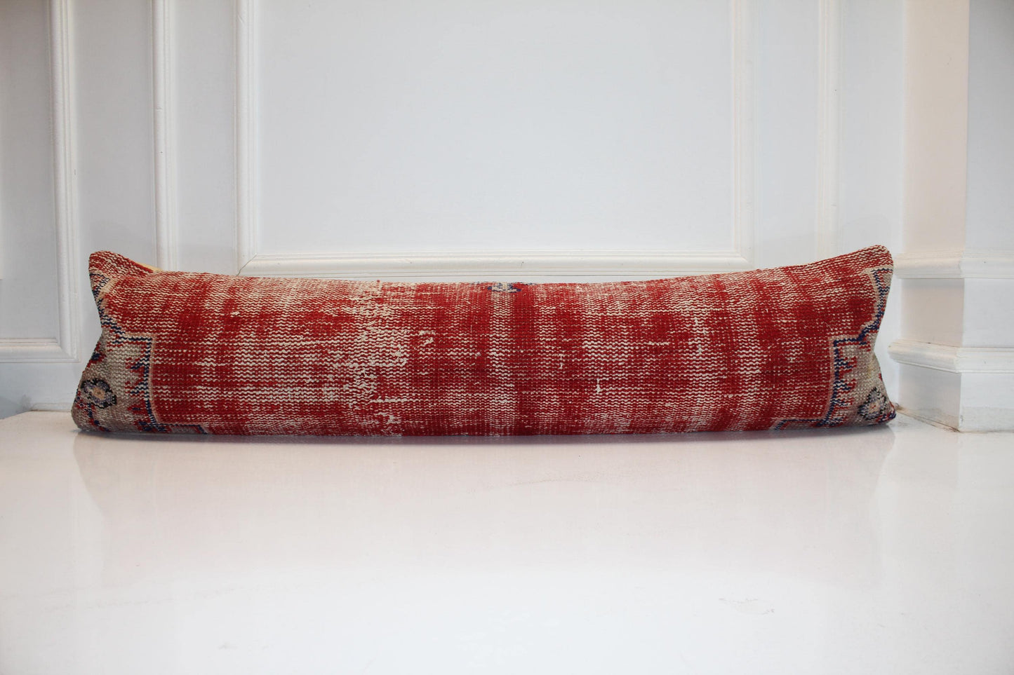 Vintage Red Turkish Kilim Lumbar Pillow, Boho Bench Cushion 12x48