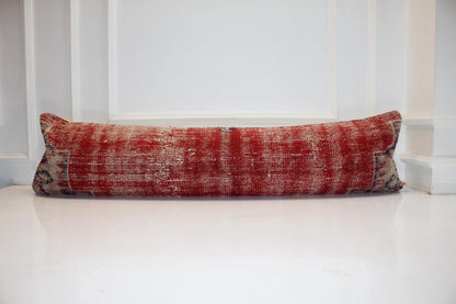 Vintage Red Turkish Kilim Lumbar Pillow, Boho Bench Cushion 12x48