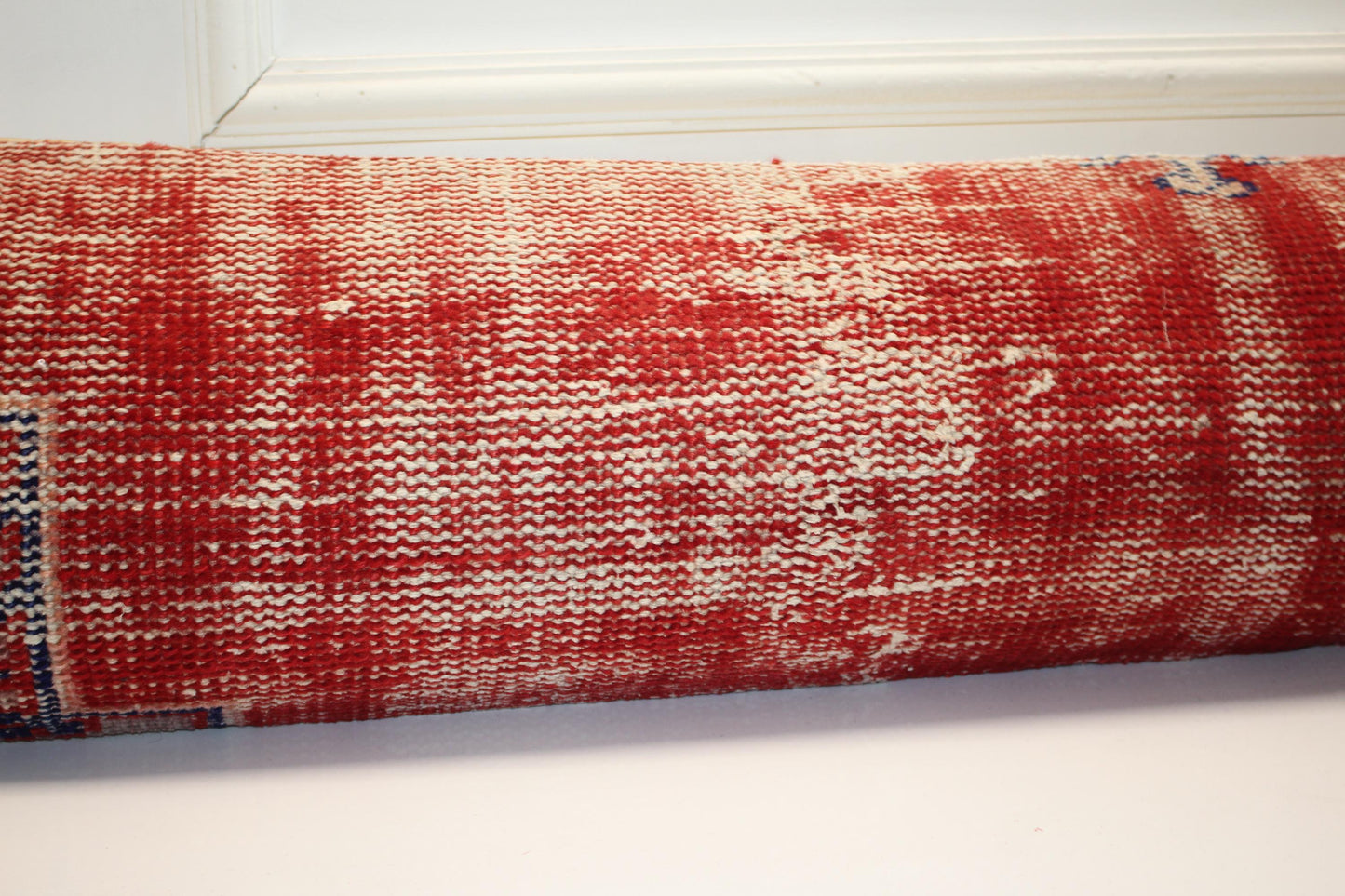 Vintage Red Turkish Kilim Lumbar Pillow, Boho Bench Cushion 12x48