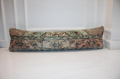 Vintage Turkish Kilim Lumbar Pillow Cover, Muted Green Floral, Boho Farmhouse 12x48