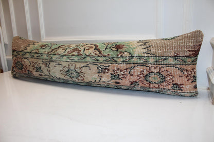 Vintage Turkish Kilim Lumbar Pillow Cover, Muted Green Floral, Boho Farmhouse 12x48
