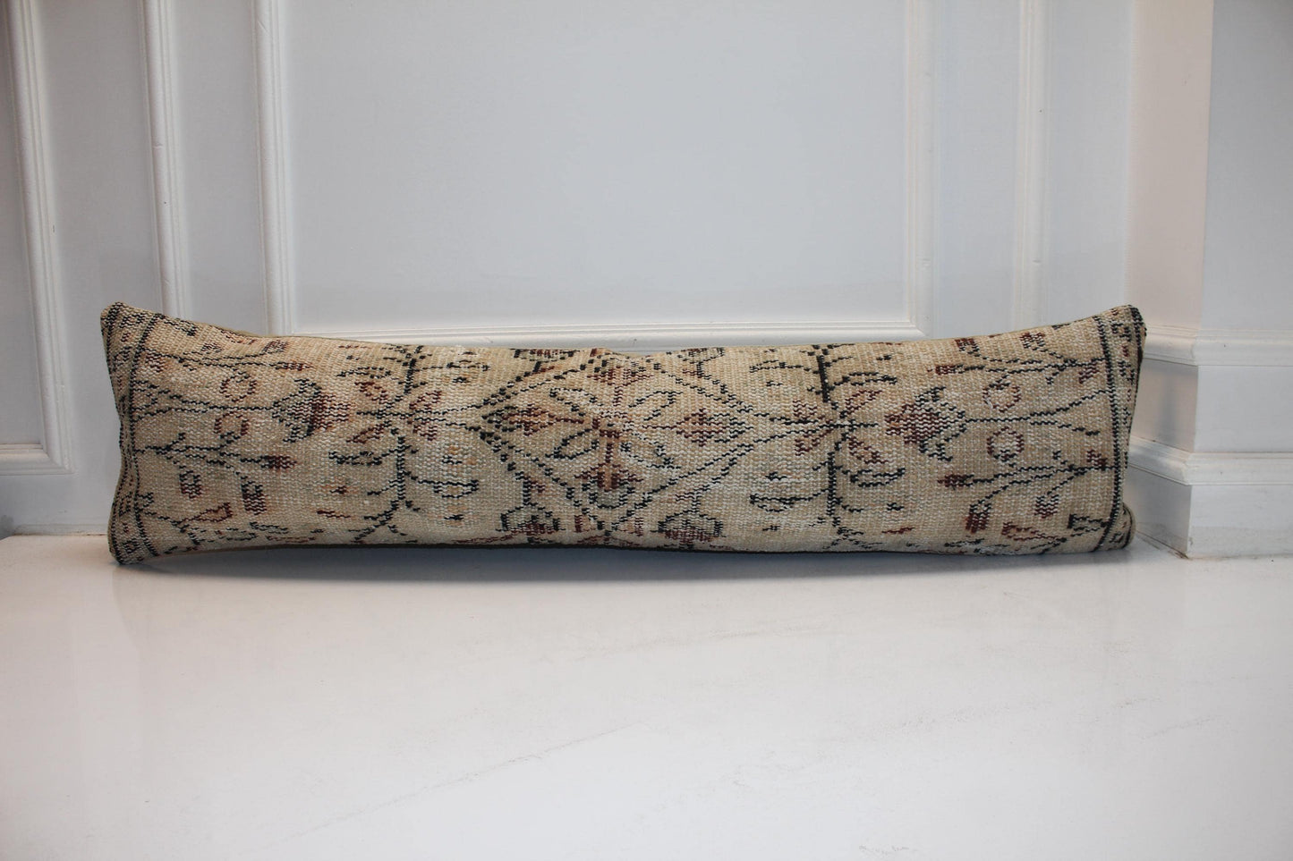 Vintage Turkish Kilim Lumbar Pillow Cover, Neutral Woven Rug Cushion, 12x48