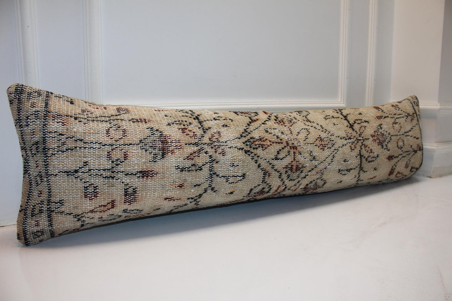 Vintage Turkish Kilim Lumbar Pillow Cover, Neutral Woven Rug Cushion, 12x48
