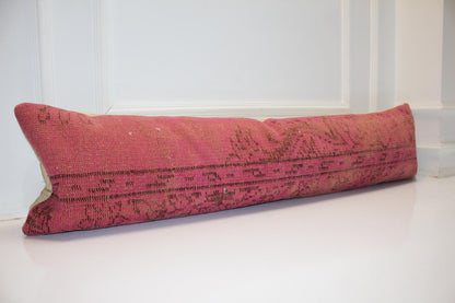 Vintage Turkish Kilim Lumbar Pillow Cover, Red Pink Boho Cushion (12X48)