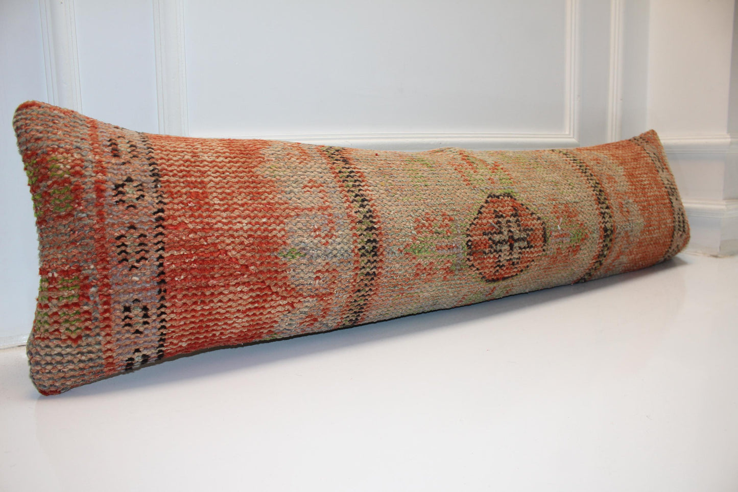 Vintage Turkish Kilim Lumbar Pillow Cover, Orange Earth Tone, Boho Cushion 12x48