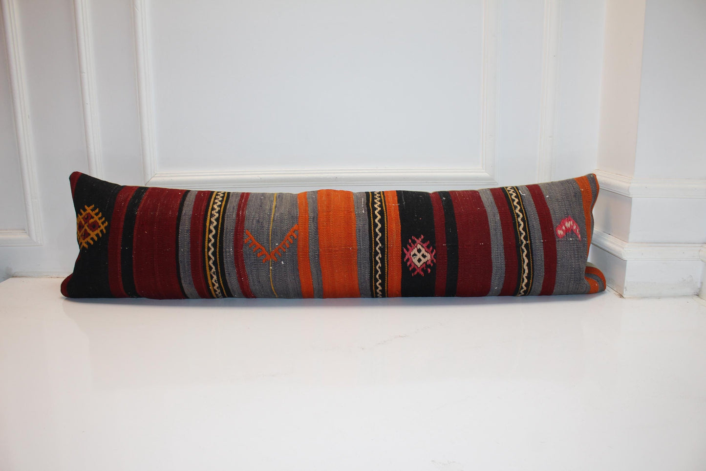 Handwoven Kilim Lumbar Pillow Cover, Striped Tribal Cushion, 12x48