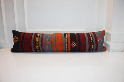 Handwoven Kilim Lumbar Pillow Cover, Striped Tribal Cushion, 12x48