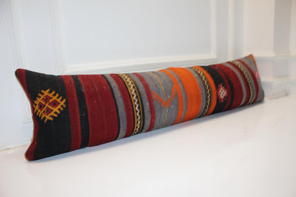 Handwoven Kilim Lumbar Pillow Cover, Striped Tribal Cushion, 12x48