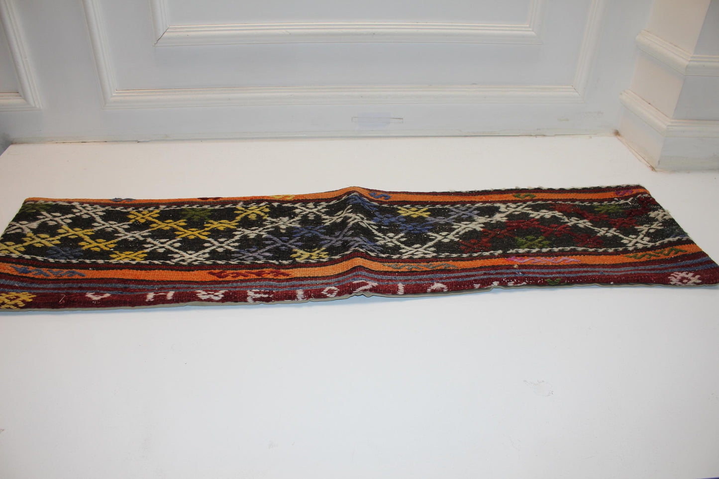 Handmade Kilim Lumbar Pillow Cover, Ethnic Diamond Bench Cushion, 12x48