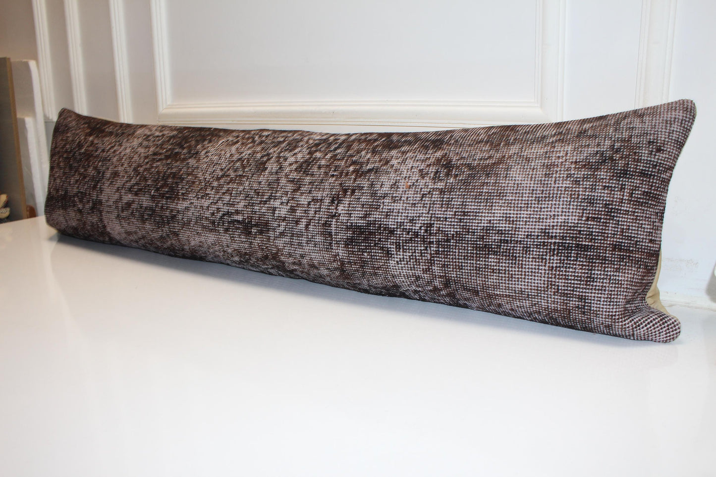 Handmade Dark Brown Turkish Kilim Lumbar Pillow Cover, Boho Bench Cushion (12x48 inc.)