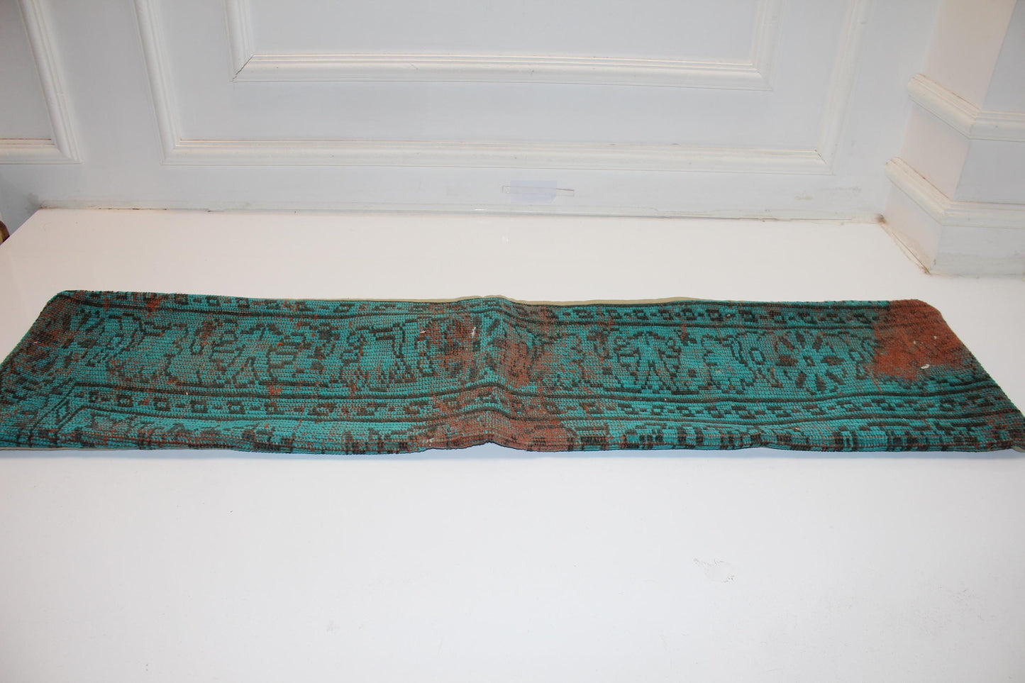 Teal Blue Distressed Lumbar Pillow , Statement Bench Cushion, Long Modern Eclectic Sofa Pillow12X48