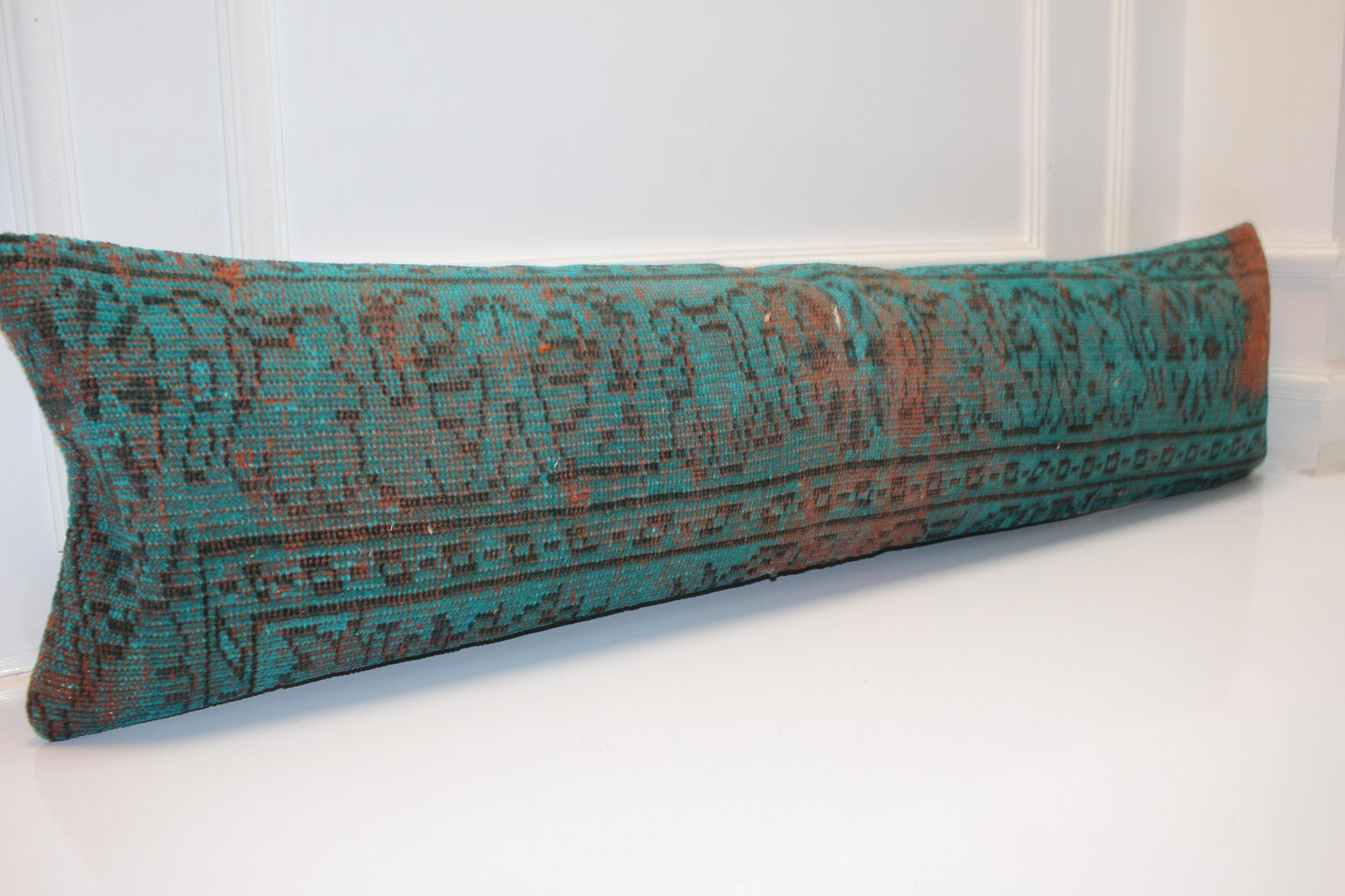 Teal Blue Distressed Lumbar Pillow , Statement Bench Cushion, Long Modern Eclectic Sofa Pillow12X48