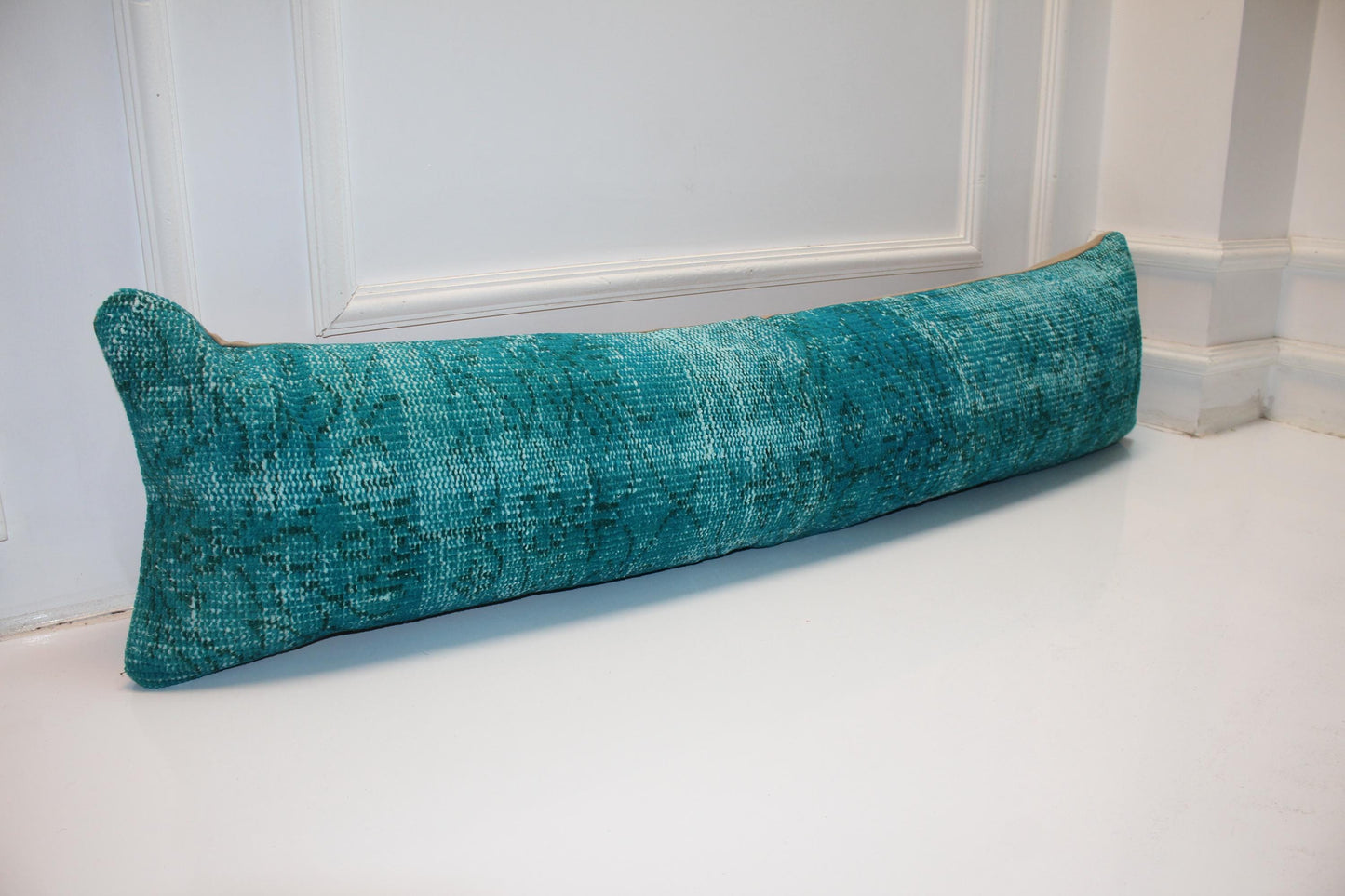 Teal Turkish Kilim Lumbar Pillow, Boho Bench Cushion Cover (12X48 inc.)