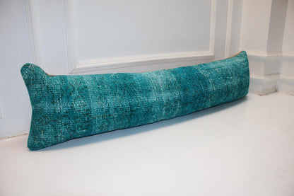 Teal Turkish Kilim Lumbar Pillow, Boho Bench Cushion Cover (12X48 inc.)