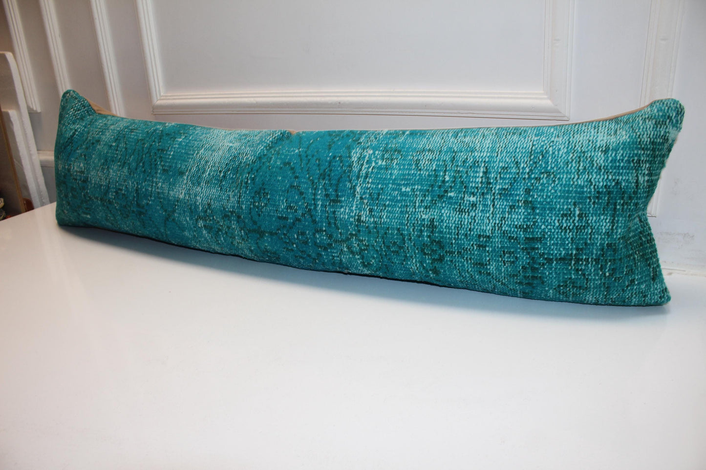 Teal Turkish Kilim Lumbar Pillow, Boho Bench Cushion Cover (12X48 inc.)