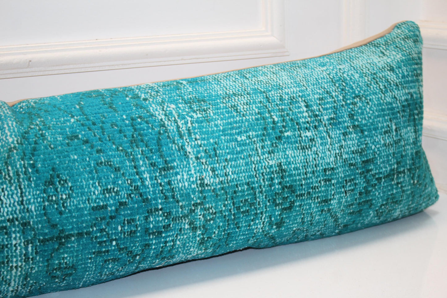 Teal Turkish Kilim Lumbar Pillow, Boho Bench Cushion Cover (12X48 inc.)