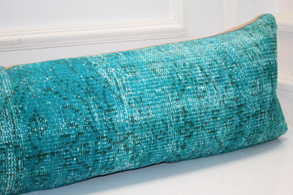 Teal Turkish Kilim Lumbar Pillow, Boho Bench Cushion Cover (12X48 inc.)