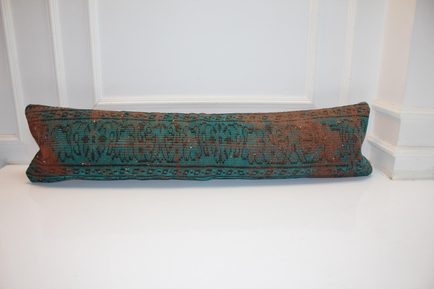 Handmade Petrol Green Kilim Lumbar Pillow Cover, Boho Bench Cushion 12x48