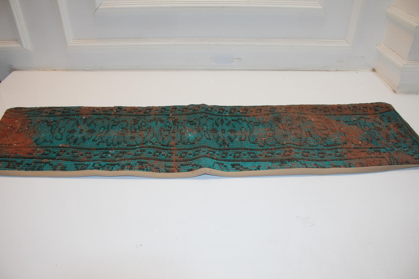 Handmade Petrol Green Kilim Lumbar Pillow Cover, Boho Bench Cushion 12x48