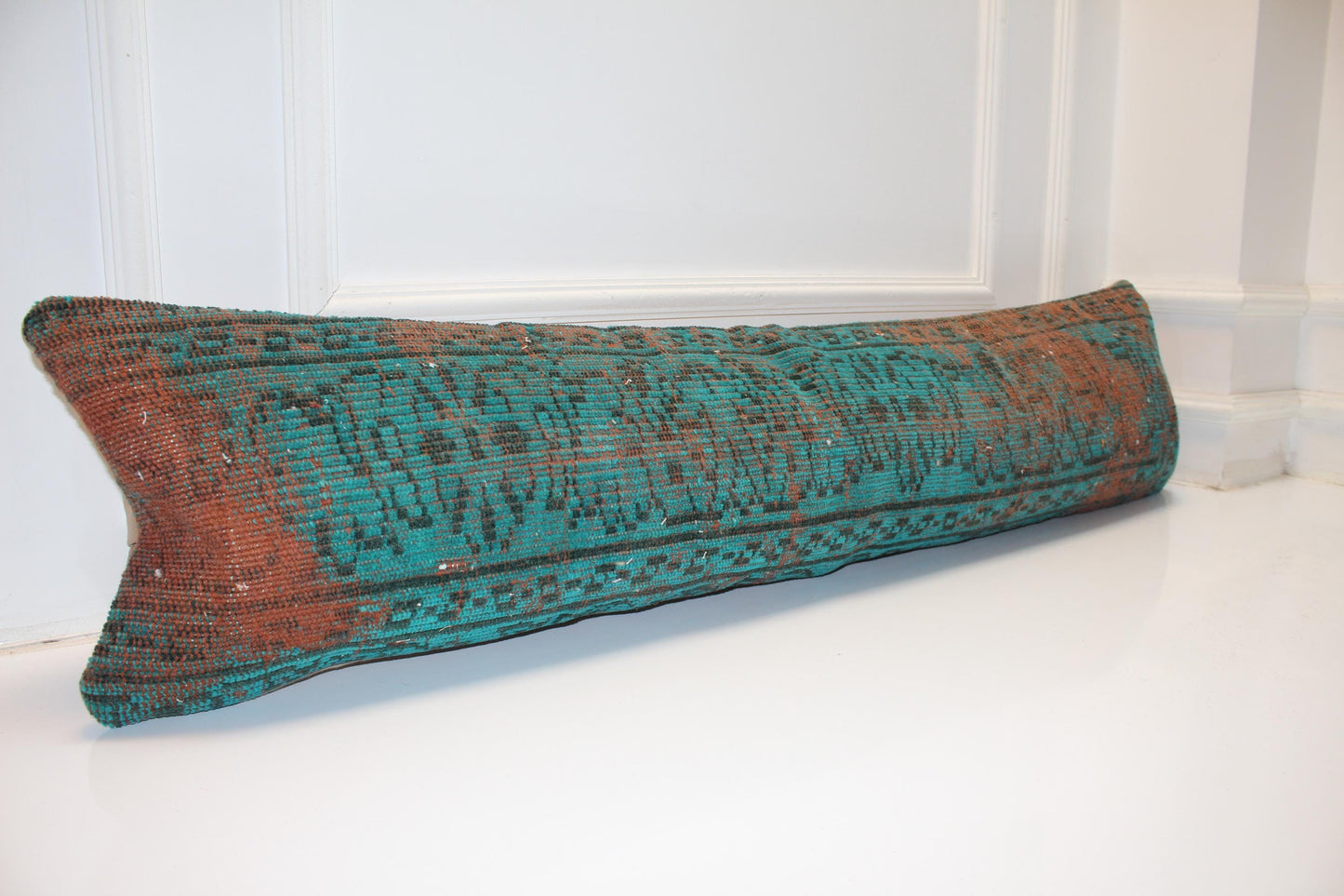 Handmade Petrol Green Kilim Lumbar Pillow Cover, Boho Bench Cushion 12x48