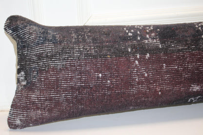 Dark Brown Turkish Kilim Lumbar Pillow Cover, Rustic Bench Cushion 12x48