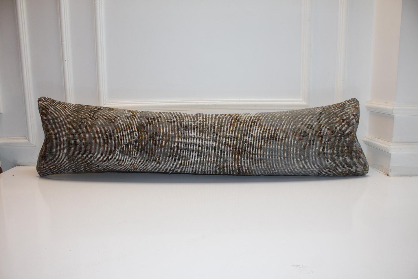 Vintage Turkish Kilim Lumbar Pillow Cover, Stone Gray Wool Rug, 12x48