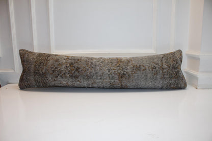 Vintage Turkish Kilim Lumbar Pillow Cover, Stone Gray Wool Rug, 12x48