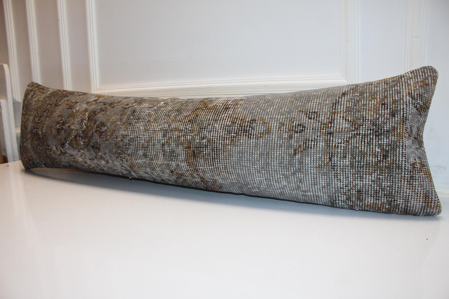 Vintage Turkish Kilim Lumbar Pillow Cover, Stone Gray Wool Rug, 12x48