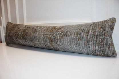 Vintage Turkish Kilim Lumbar Pillow Cover, Stone Gray Wool Rug, 12x48