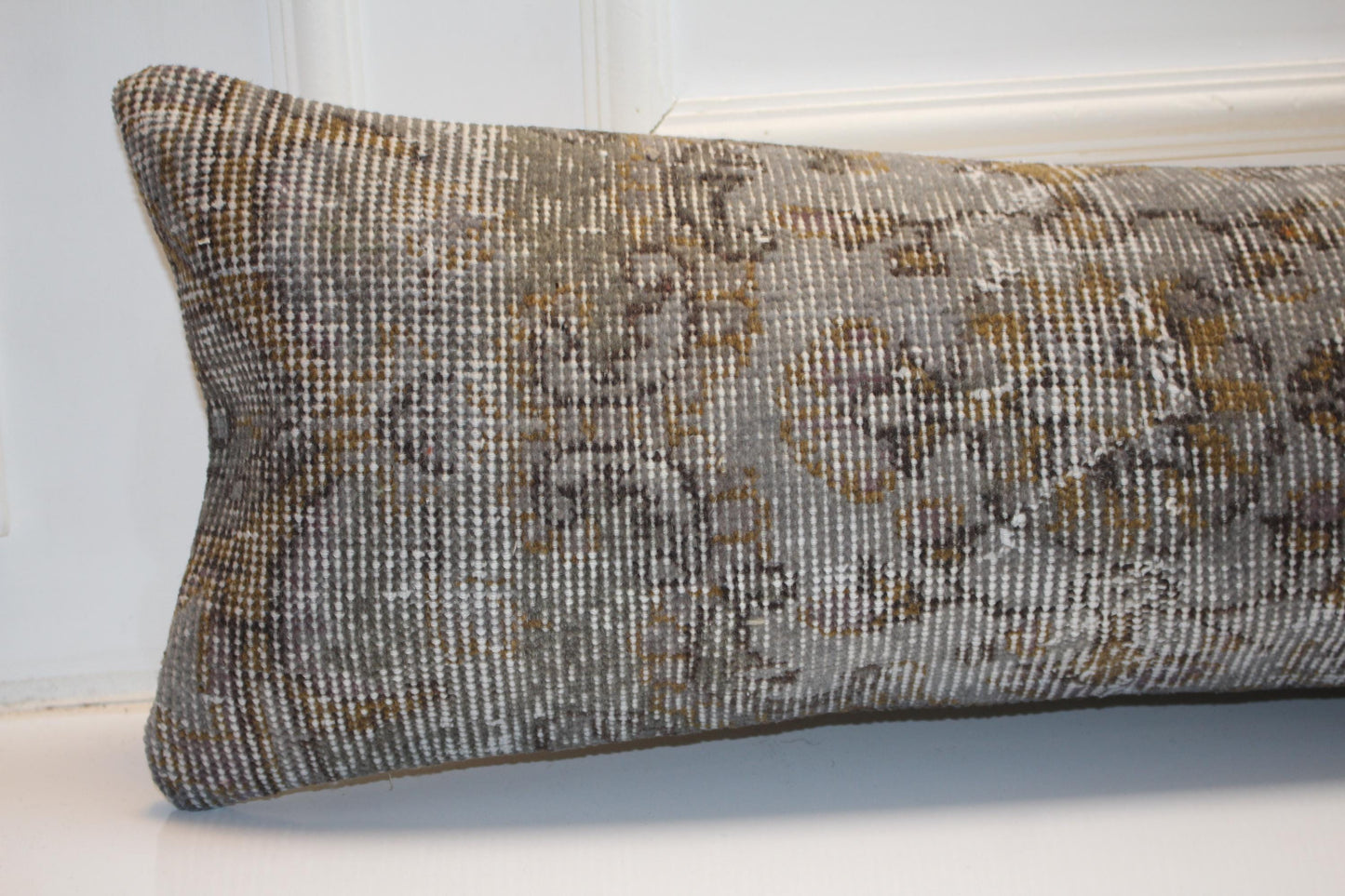 Vintage Turkish Kilim Lumbar Pillow Cover, Stone Gray Wool Rug, 12x48