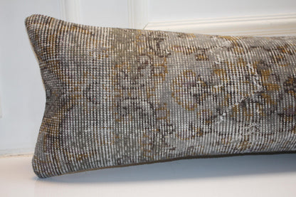 Vintage Turkish Kilim Lumbar Pillow Cover, Stone Gray Wool Rug, 12x48