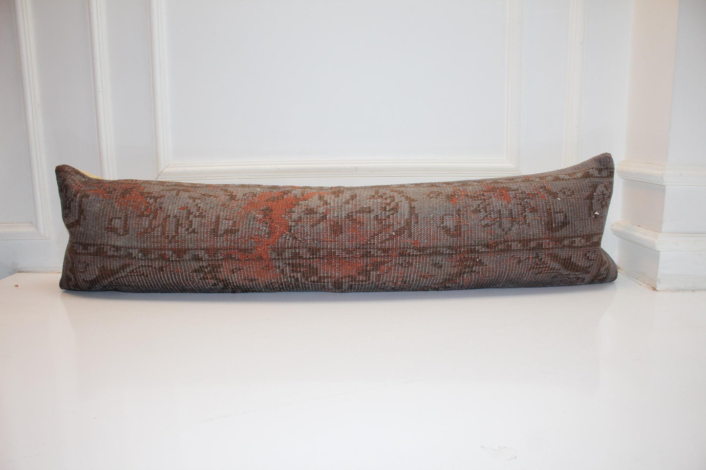 Smoky Brown Turkish Kilim Lumbar Pillow Cover, Vintage Rug, 12x48
