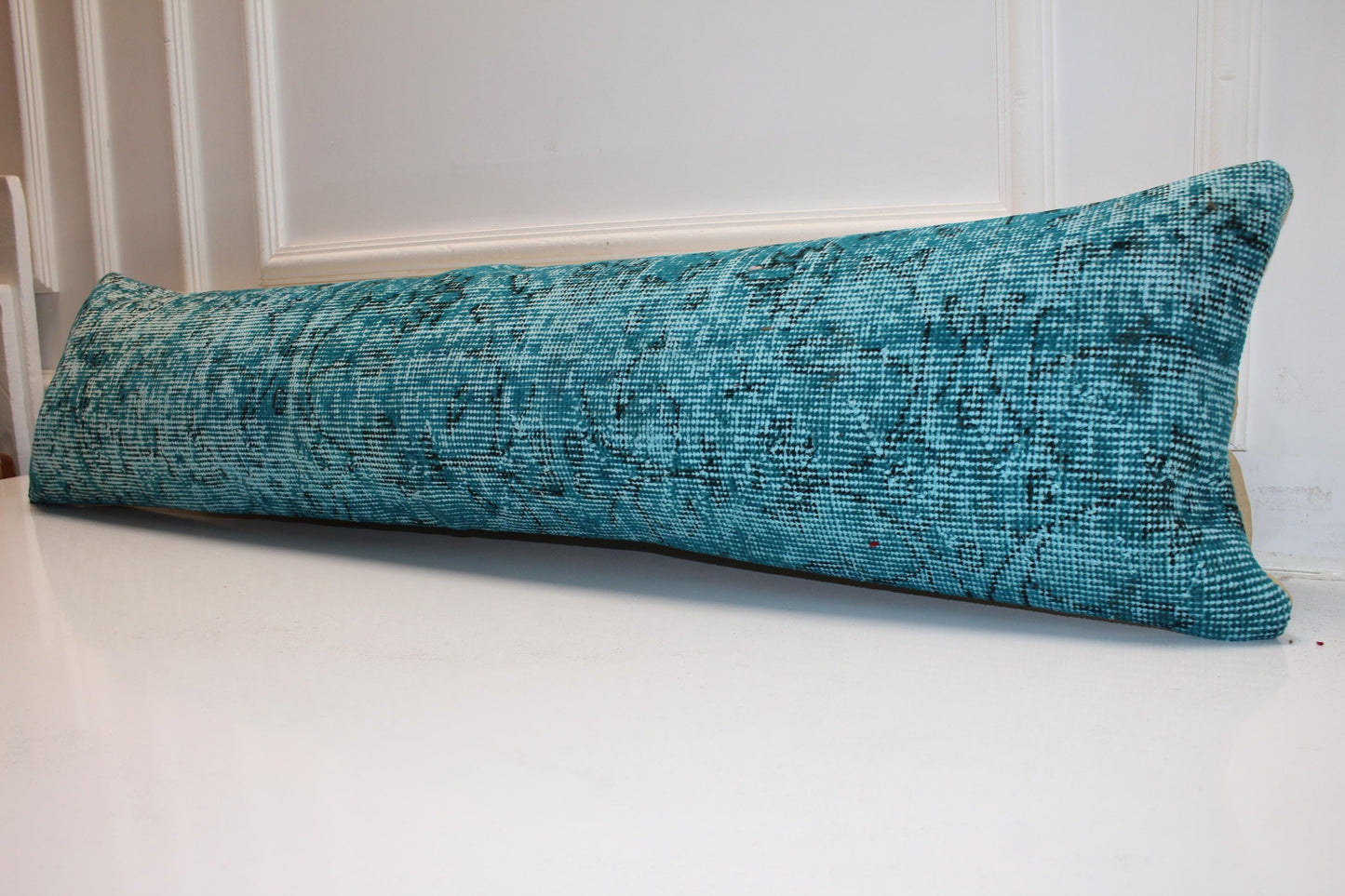 Turquoise Kilim Lumbar Pillow Cover, Vintage Turkish Rug, 12x48