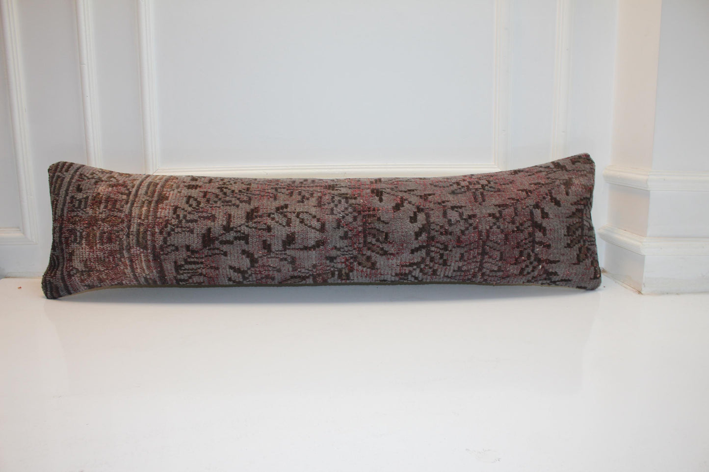 Gray Turkish Kilim Lumbar Pillow Cover, Long Bench Cushion 12x48
