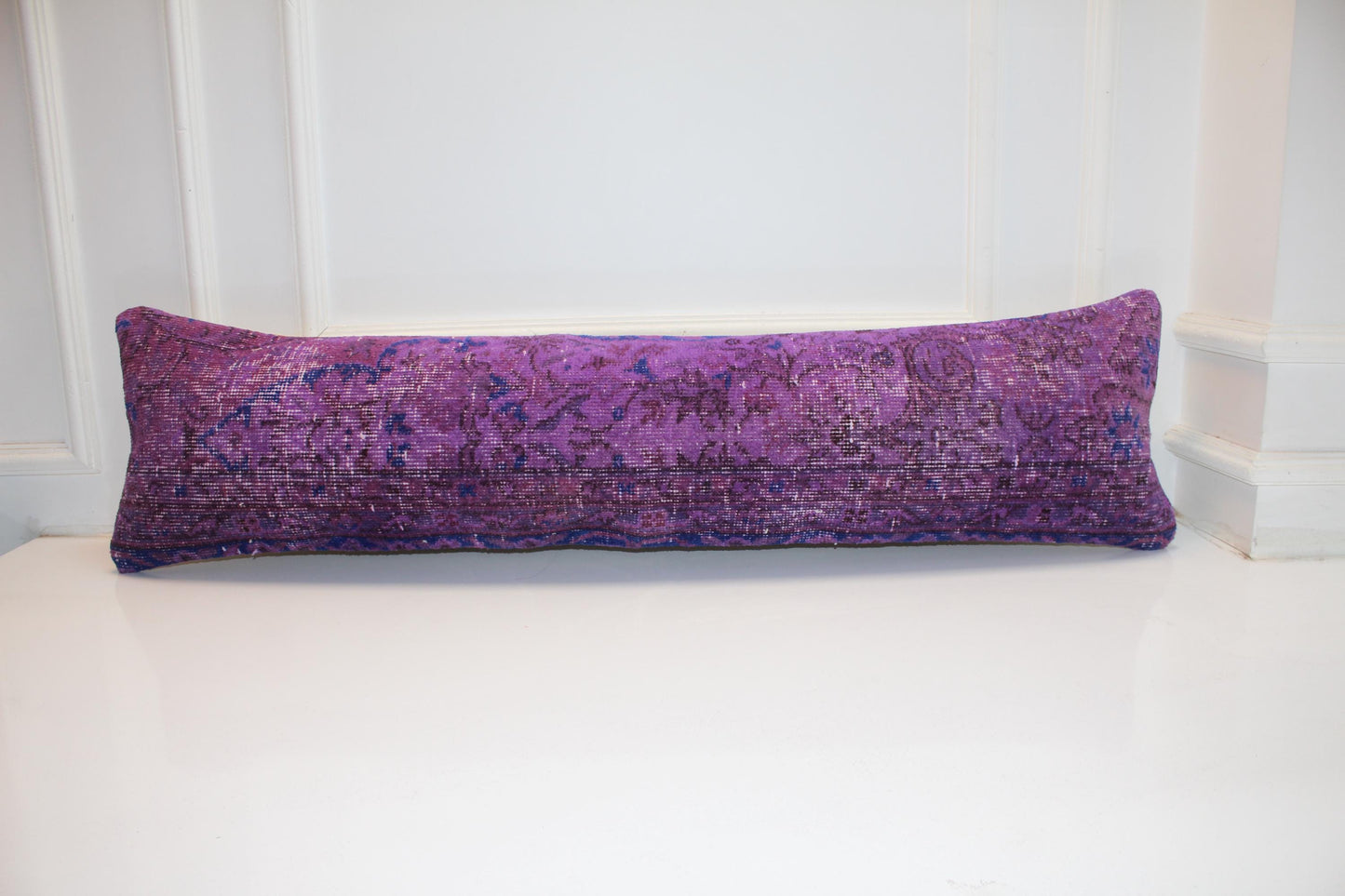 Vintage Turkish Kilim Lumbar Pillow Cover, Violet Purple Rug Cushion 12x48