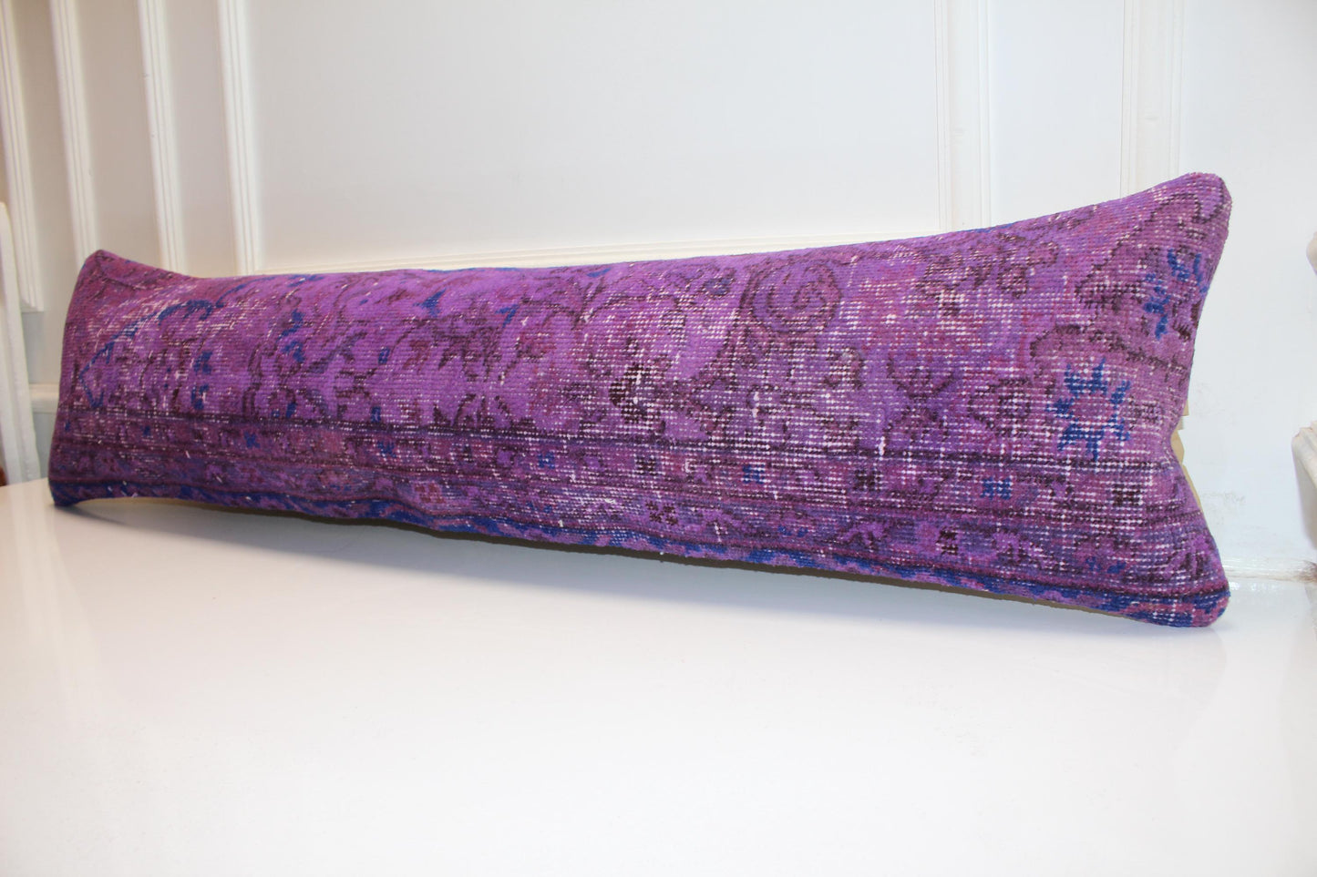 Vintage Turkish Kilim Lumbar Pillow Cover, Violet Purple Rug Cushion 12x48