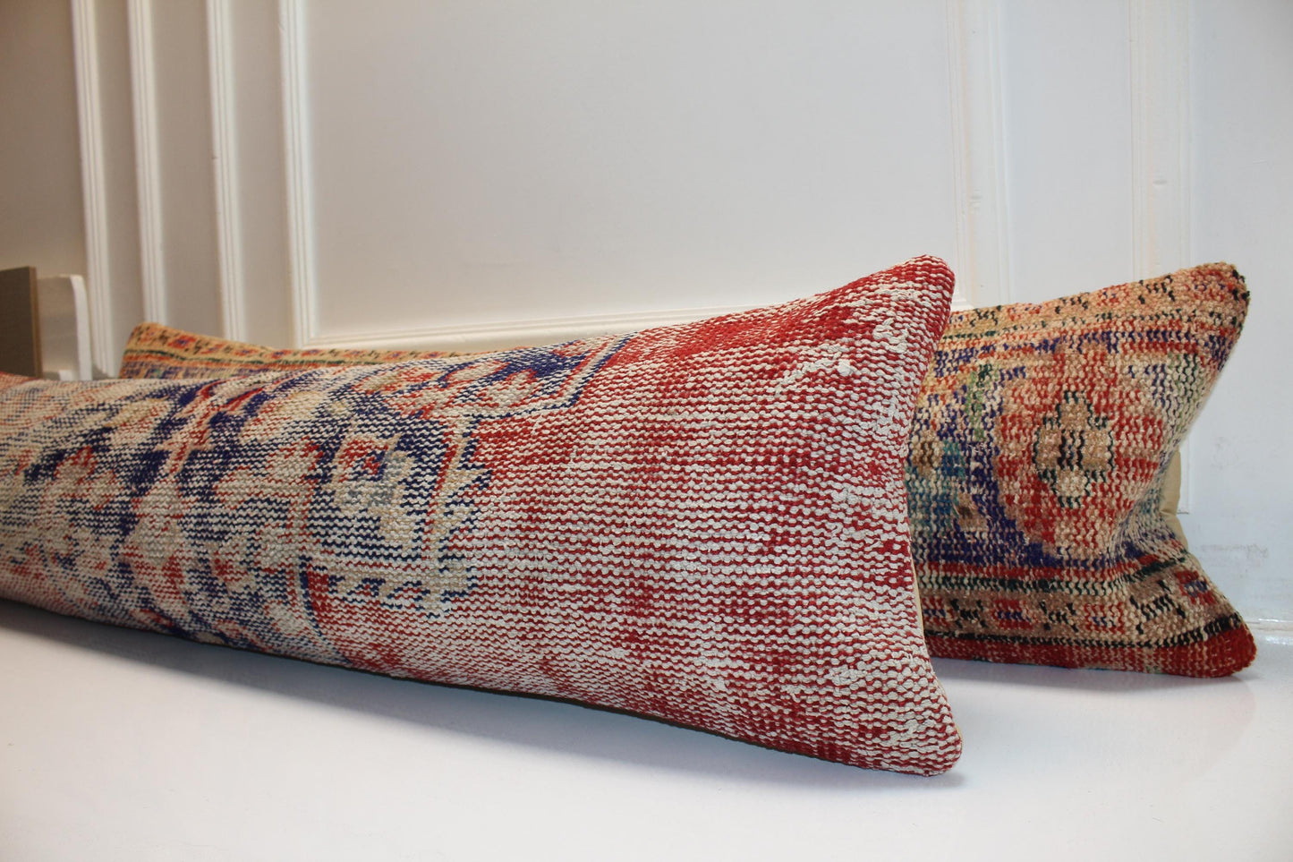 Set of 2 Vintage Turkish Kilim Lumbar Pillow Covers – Boho Rug Cushions, 12x48 Inch